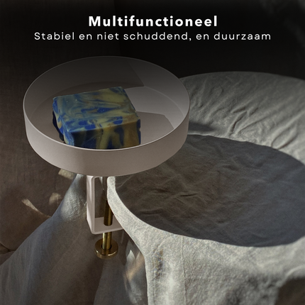 Cheqo® Dienbladtafel met Klem - Bijzettafel - Decoratief Dienblad met Klem - Balkontafel - Metaal - Ø28cm - Geschikt voor Tafels - Taupe (Lichtgrijs) Decoratieve dienbladen