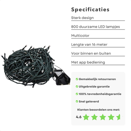 Cheqo® Smart Kerstverlichting - Kerstboomverlichting - 800 LED's Multicolor - 16m Lichtsnoer - Groen Snoer - App Bediening - 8-functies Controller - Voor Binnen & Buiten Kerstboomverlichting