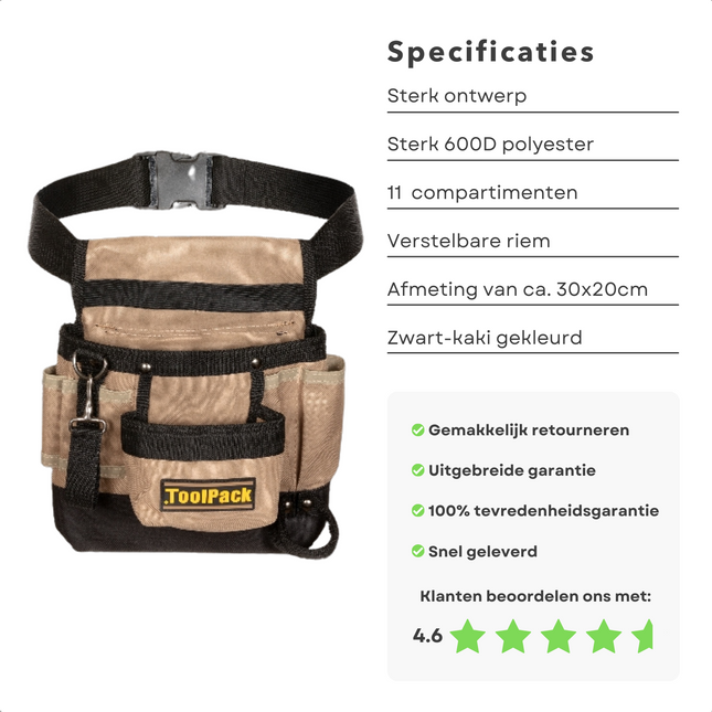 Cheqo® Gereedschapgordel met 11 Vakken - 30x20cm - Verstelbare Band - Sterke Gereedschaphouder Gereedschapsgordels