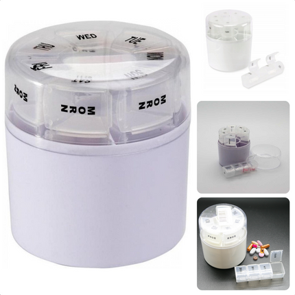 Cheqo® Pillendoos 7-daags - Doos met Medicijnen - Pillen Planner - Medicijndoos - 1-weekse Pillendoos - 7 Verwijderbare Compartimenten - 4 Vakken per Compartiment - Morgen - Middag - Avond - Nacht - Ø8.5cm - Hoogte 9.5cm. Pillendoos