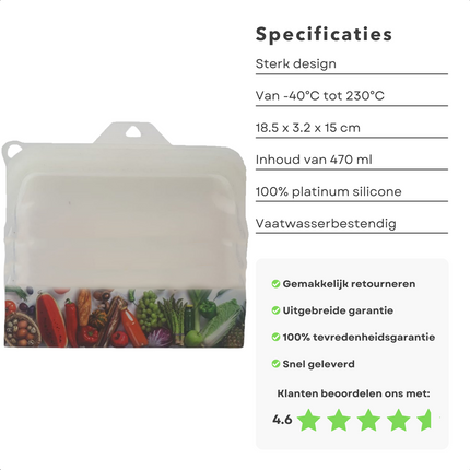 Cheqo® Siliconen Vershoudzak - Diepvrieszak - Boterhamzakje Herbruikbaar - 470ml - 100% Platinum Siliconen - Vaatwasserbestendig - Temperatuurbestendig - BPA-Vrij - 18.5x3.2x15cm - Oven, Magnetron, Vriezer - Ook voor Sieraden, Make-up Boterhamzakjes