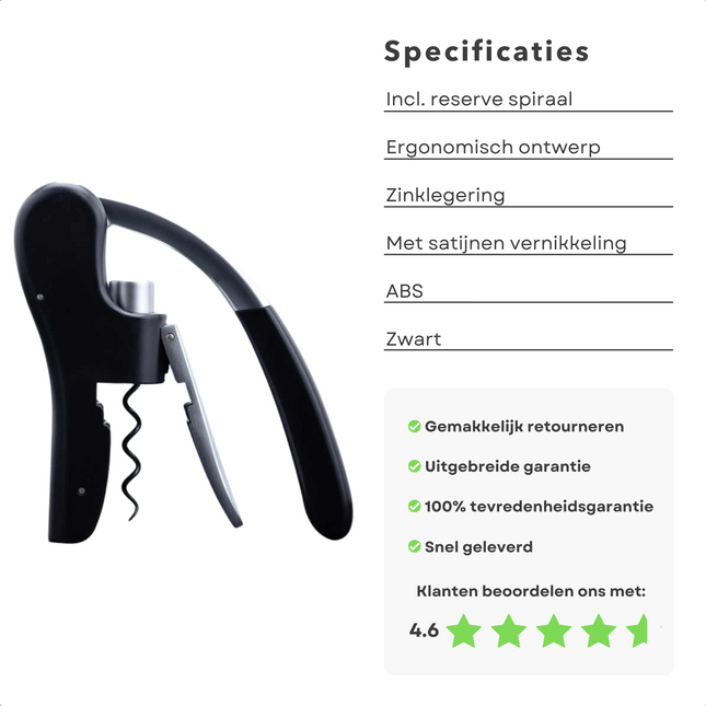 Cheqo® Luxe Wijnflesopener - Kurkentrekker - Wijnopener - Robuust - Ergonomisch Design - ABS - Zware Kwaliteit - Met Reserve Spiraal Kurkentrekkers