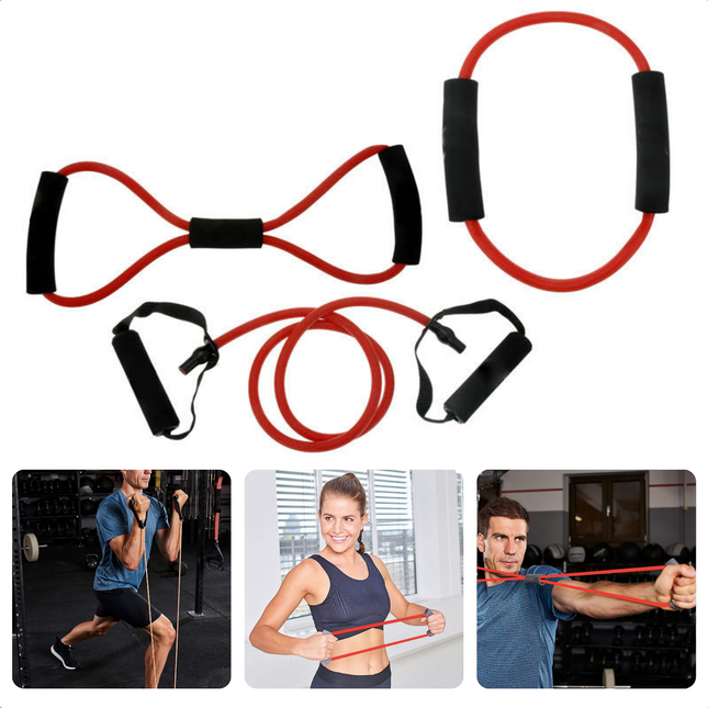 Cheqo® Weerstandsbanden - Resistance Band Set - Workout - Fitness Set - Elastiek - 3-Delige Set - Arm-en Schouderspieren Training - 110cm Tube - Zachte Foam Handvatten Weerstands tubes