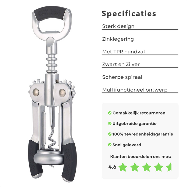 Cheqo® Robuuste Kurkentrekker - Luxe Flessenopener - Zinklegering met TPR Handgreep - Hefboom - Openen in Een Handomdraai Kurkentrekkers