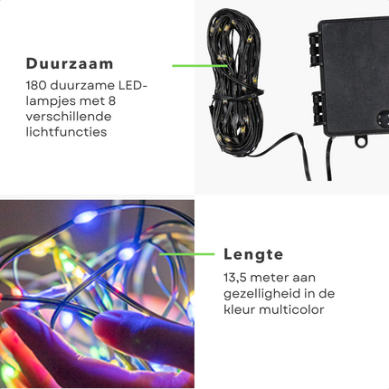 Cheqo® Soft Wire LED Verlichting - 180 LED - 13.5m - Multicolor - Binnen & Buiten - 8 Lichtfuncties - 7,5cm Afstand - Groen Snoer - 3.6W - IP44 Adapter - Kerstboomverlichting - Kerstlampjes - Sfeerverlichting - Veelkleurig Kerstboomverlichting