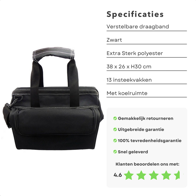 Cheqo® Gereedschapstas met Koelvak - 38x26xH30cm - Extra Sterk Polyester - 13 Insteekvakken - Hengsel - Verstelbare Draagband Gereedschapstas