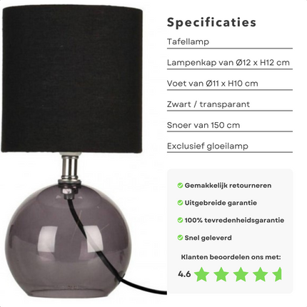 Cheqo® Tafellamp met Zwarte Lampenkap - 24cm - Zwart - Glazen Basis - Nachtkastje Lamp - Aan/Uit-Schakelaar - 150cm Snoer - E14 Tafellamp