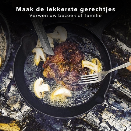 Cheqo® Gietijzeren Koekenpan met Serveerplank - 970g - Koekenpan Gietijzer - Gas, Elektrisch, Keramisch, Halogeen, Oven - Veelzijdig en Vaatwasserbestendig Koekenpan