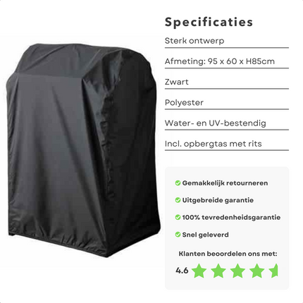 Cheqo® Afdekhoes BBQ - Cilindervormige BBQ - Barbecue Hoes - 95x60xh85cm - Zwart - Polyester - Incl. Opbergzak met Rits Barbecuehoezen