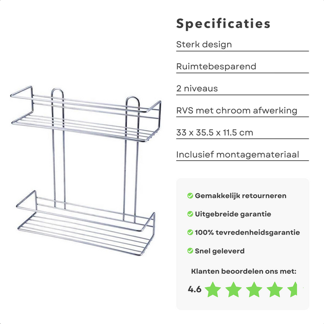 Cheqo® Wand-Opbergrek - 33x35,5x11,5cm - Doucherek - Badkamerkast - Badkamerrek - Wandrek - Wandplank - Multifunctioneel Doucherek