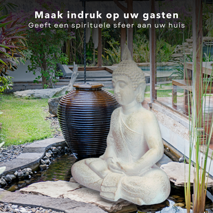 Cheqo® Boeddha Zittend Tuinbeeld - Boeddhabeeld - 41x23,5x49cm - Crème - Antieke Afwerking - Lichtbeton Boeddhabeelden