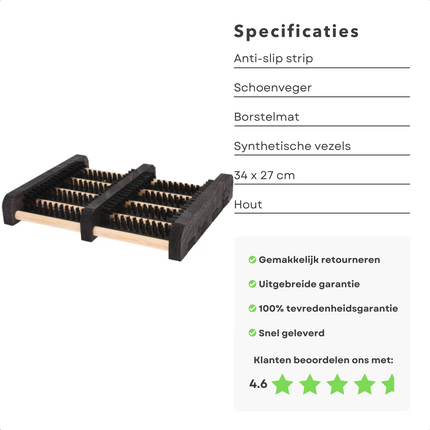 Cheqo® Schoenenveger - Borstelmat - Hout met Kunststof Borstels - Voetenveger - Deurmat - Anti Slip Strip - 34x27cm Deurmat