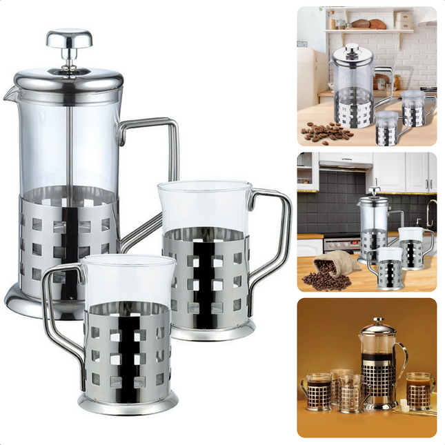 Cheqo® 3-Delige Koffiekan Set - Theeset - Theekan met Filter - Roestvrijstaal/Glas - 800ml/200ml - 21x10cm/9,5x7cm - Uitneembaar - Tot 120°C Verhitbaar Theepot