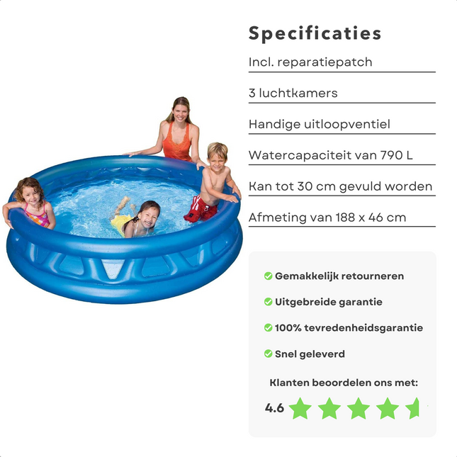 Cheqo® Opblaasbaar Zwembad voor Kinderen - 790L - Opblaasbad - Zwembad Opblaasbaar - 188cm x 46cm - 3 Luchtkamers - Uitloopventiel - Kinderbad Opblaas Zwembad