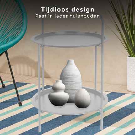Cheqo® Bijzettafel 50 cm - Metaal (gepoedercoat) - Mat licht grijs - 66 cm Hoogte - 2 Verdiepingen - Tafeltje - Tuintafel - Bijzettafel voor Binnen en Buiten - Nachtkastje Bijzettafel