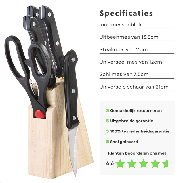 Cheqo® Messenset met Messenblok - 5-delige Set: Uitbeenmes 13,5cm, Steakmes 11cm, Universeel mes 12cm, Schilmes 7,5cm, Universele schaar 21cm - Houten Messenblok Messenblokken met messen