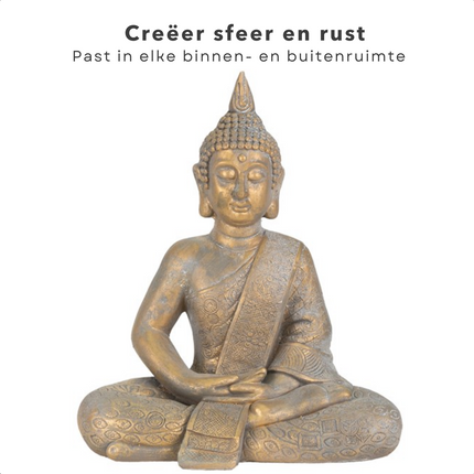 Cheqo® Boeddha Zittend Tuinbeeld - 50x28x62.5cm - Bronskleur - Goudkleur - Antieke Afwerking - Boeddhabeeld Boeddhabeelden