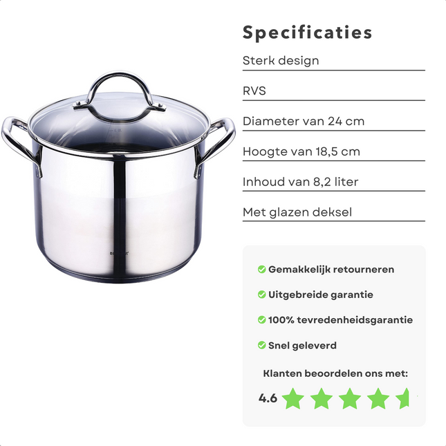 Cheqo® RVS Kookpan 8,2L - 24cm - Kras- & Corrosievrij - Gelijkmatige Warmteverdeling - Energiesparend - Met Deksel - Maatverdeling - Alle Warmtebronnen - Ook voor Inductie Kookpan