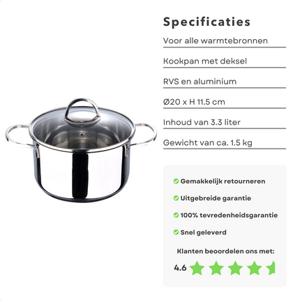 Cheqo® Kookpan met Deksel - Alle Warmtebronnen - Ook voor Inductie - Ø20 cm - 3.3L Kookpan