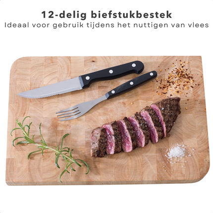 Cheqo® 6 Steakmessen met Steakvorken - Vorken en Messen - Steakset - Steakmes Set - Kartelmes - Kartelmessen - 21cm - 6 Steakvorken - 19cm - 1.2mm - RVS Steakmessen