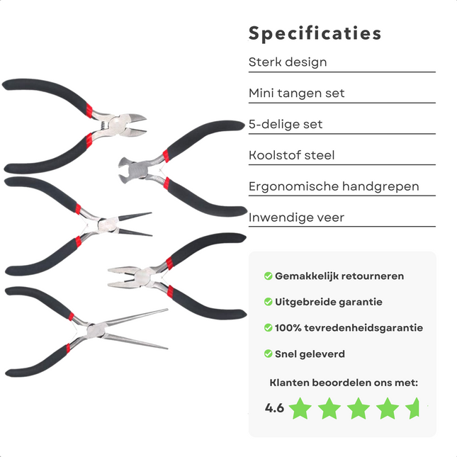 Cheqo® Mini Tangenset - Tangen Set - Buigtang - Kniptang - Combinatietang - 5 delig Tangensets