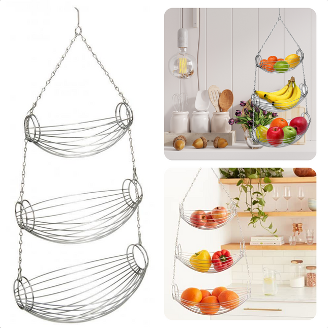 Cheqo® Fruitmand Hangend Model - Hangende Fruitschaal - Hangmand - Fruitschaal Ophangbaar - 3-delig - Metaal - Ovaal - 32x22x72cm Fruitschaal