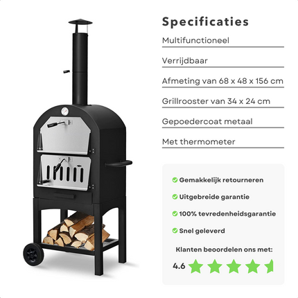 Cheqo® Pizza Oven - Pizzaoven voor Buiten - Houtskooloven - Pizzasteen - Barbecue - BBQ - Rookoven - Buitenkeuken met Wieltjes - Gepoedercoat Metaal - Houtskool-BBQ - Barbecue - 68x48x156cm - 34x24cm Grillrooster - 26kg - Met Pizzasteen Pizzaoven