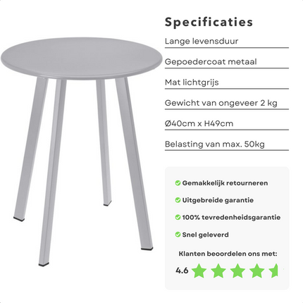 Cheqo® Tafel voor Binnen of Buiten - Bijzettafel - Tafeltje - Nachtkastje - Metaal (Gepoedercoat) - Mat Licht Grijs - 40 cm Diameter - 49 cm Hoogte - Max 50 kg Draagvermogen Bijzettafel