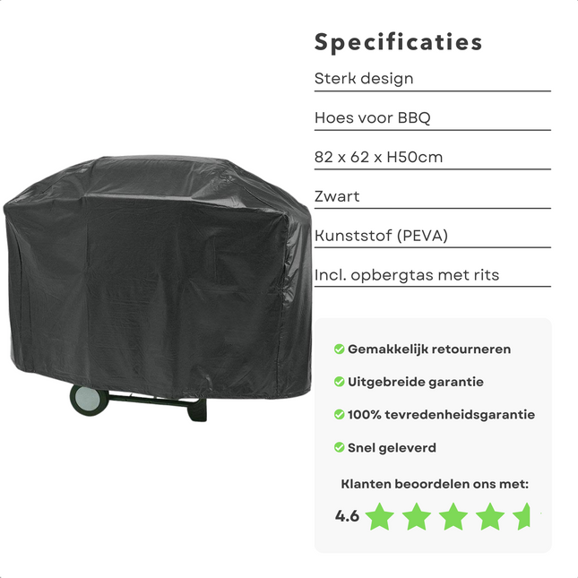 Cheqo® Afdekhoes BBQ - Rechthoekig - Barbecue Hoes - BBQ Hoes - 82x62x50cm - Zwart - Kunststof (PEVA) - Met Opbergzak Barbecuehoezen