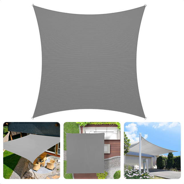 Cheqo® Schaduwdoek Vierkant - Lichtgrijs - Waterafstotend Polyester 100% - 4 x 2.30 m Touw - Met Draagzak - 500x500 cm Schaduwdoek