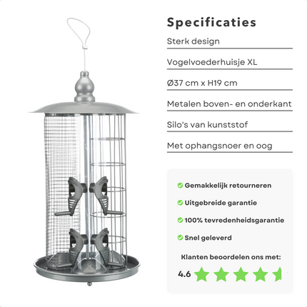 Cheqo® XL Vogelvoederhuis - Vogelhuis - Nestkast - Voederstation - Vogelhuisje - 37cm Hoog - Metaal - Ophangbaar Vogelvoederhuis
