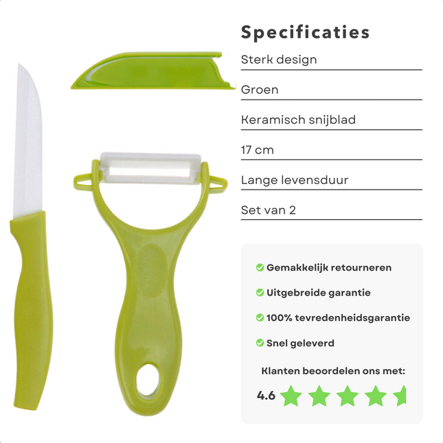 Cheqo® Keramische Schilmessen Set - Dunschiller - Schilmes Set - Schilmesje - Aardappelmes - 17cm + Dunschiller - Groen Schilmes