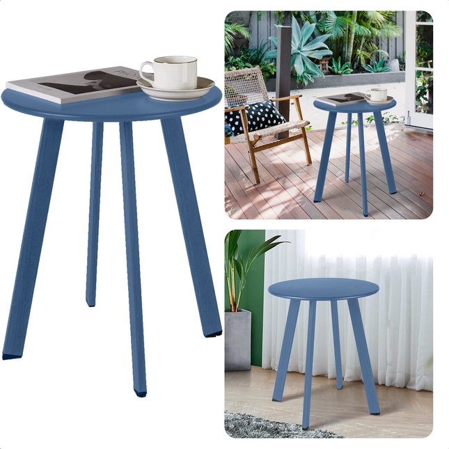 Cheqo® - Tafel Metaal - Mat Blauw - Tafel - 40cm Diameter - 49cm Hoogte - Tafeltje - Tuintafel - Bijzettafel voor Binnen en Buiten - Nachtkastje - Salontafel - Rond - Plantentafel - Voor Woonkamer - Slaapkamer - Eetkamer - Tijdloos Design Bijzettafel