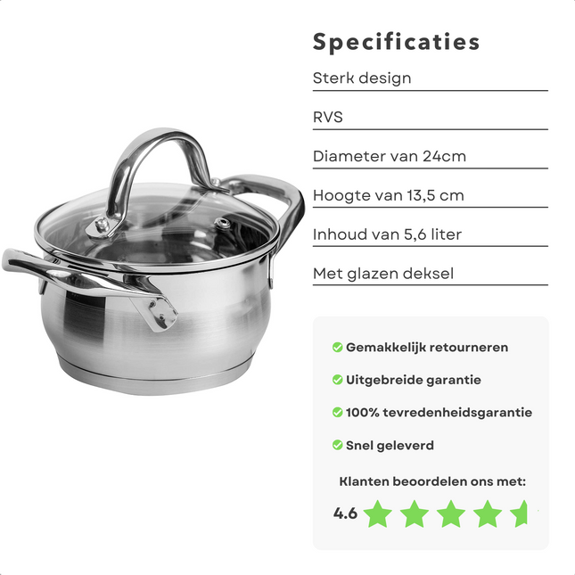 Cheqo® RVS Kookpan 24cm - 5,6L - Glazen Deksel - Maatverdeling - Aluminium Bodem - Geschikt voor Inductie - Vaatwasmachine-Bestendig Kookpan