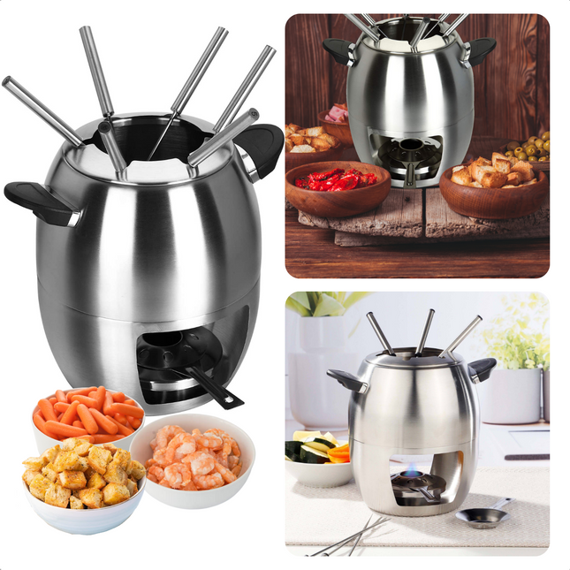 Cheqo® Fondueset - Fonduepan - 6 personen - RVS - ø23.5xh21cm - Spatdeksel - Met Fonduevorken en Fonduebrander - 859g Fondueset