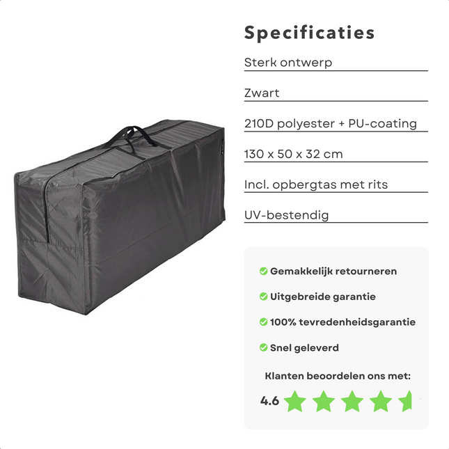 Cheqo® Afdekhoes voor Tuinstoelkussens - Kussentas Bescherming - Tuinkussen Hoes - 210D Polyester + PU Coating - Zwart - 4 tot 6 Kussens - Met opbergzak met Rits Tuinmeubelhoezen