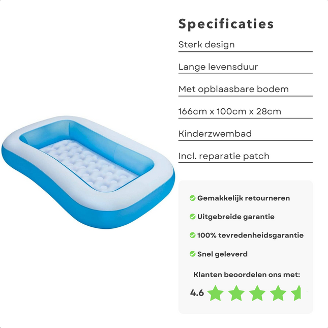 Cheqo® Zwembad met Opblaasbare Bodem - Opblaasbaar Zwembad - 166cm x 100cm - Kinderbad - Ideaal voor Kleine Kinderen - Gemakkelijk te Gebruiken op Balkon of Terras Opblaas Zwembad