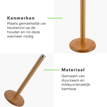 Cheqo® Handige Keukenrolhouder - Keukenpapier Houder - Rollenhouder - Milieuvriendelijk Bamboe - 14cm Diameter Basis - 32.5cm Hoogte Keukenrolhouder