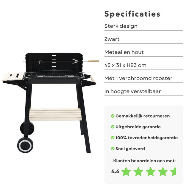 Cheqo® Barbecue Verrijdbaar - BBQ op Wielen - Houtskool BBQ - Buitenkeuken - 45x31cm - 6kg - Windscherm met Gleuven - 2 Wielen - Verstelbaar BBQ
