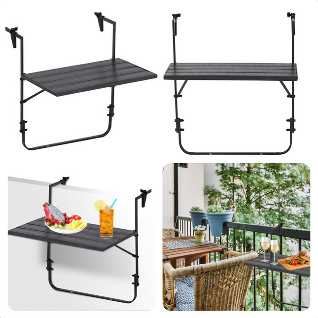 Cheqo® Balkontafel - Tafel voor Balkon - Polywood - 59x40cm - Metaal - Antraciet - Duurzaam - Stijlvol - Simpele Bevestiging - Ruimtebesparend Balkontafel