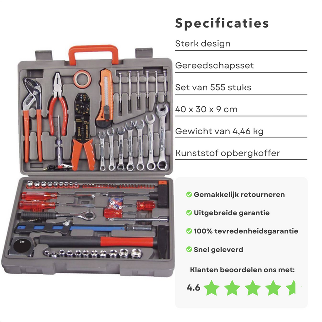 Cheqo® XXL Gereedschapset - 555 delig - Gereedschap Set in Gereedschapskist - Tangen, Messen, Zagen, Schroevendraaiers, Ring Steeksleutels & Meer Gereedschapsset