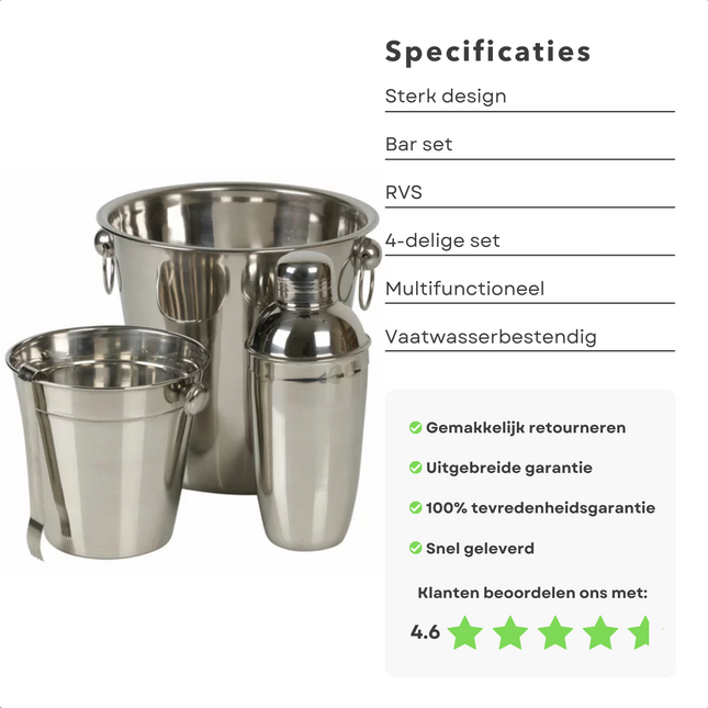 Cheqo® RVS Barset - Champagnekoeler, IJsemmer, Cocktail Shaker & Ijsblokjestang - Champagne Koeler - Wijn Koeler - Cocktailset IJsemmer