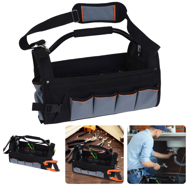 Cheqo® Open Gereedschapstas met Schouderriem  - Gereedschapskoffer - 42x22x25cm - Polyester - 16+10 Opbergvakken - 8 Loops - Kunststof Beschermvoetjes - 1400g Gereedschapstas