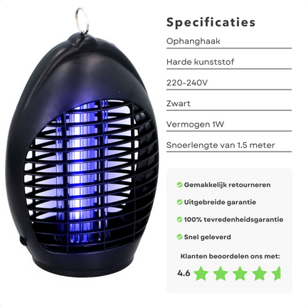 Cheqo® Insectenlamp - Muggenlamp - Insectendoder - Vliegenlamp - Kunststof - 1.5m Snoer - 23cm Hoogte - 220-240V, 50Hz - 1W Vermogen Insectenlampen