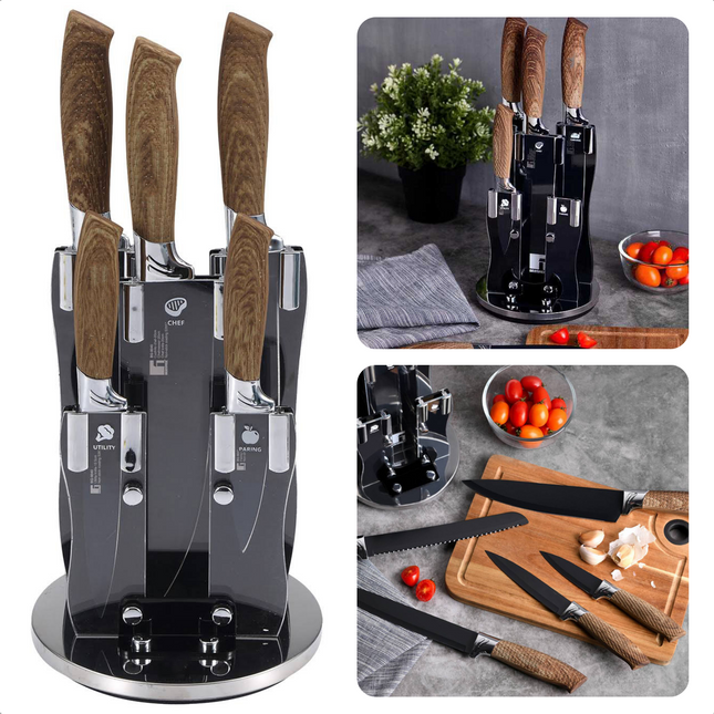 Cheqo® Luxe Messenset met Houder - Koksmessen met Messenblok - 5 Delig - RVS Messen & Acrylhouder - Ø15cm x 24cm - Chefmes 20cm, Vleesmes 20cm, Broodmes 20cm, Multifunctioneel 12.5cm, Schilmes 8.8cm Koksmes