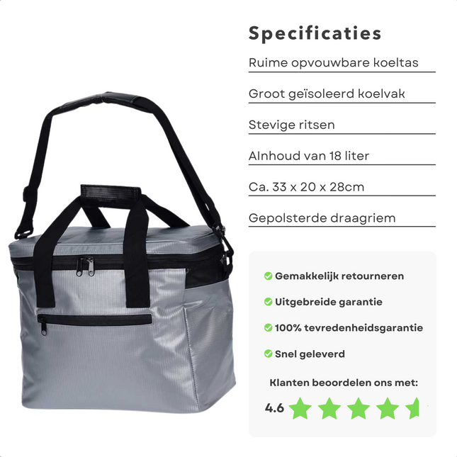 Cheqo® Koeltas 18 Liter - Grijs - 18L - Koelbox - Koelen - Koelelement - 18 cm - Voor op het Strand & Camping - Lunchtas - Geïsoleerd - Picknicktas - Verstelbare Schouderband - Stevige Rits - Draagbaar Koeltas