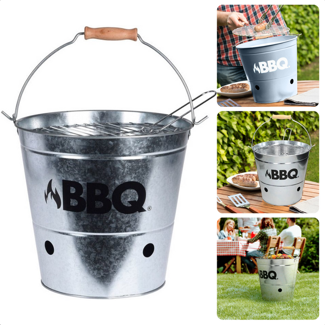 Cheqo® BBQ Emmer - Barbecue Emmer - Portable BBQ - Zink - Ø 19 cm - Met Handgreep - Houtskoolbarbecue BBQ