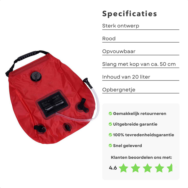 Cheqo® Campingdouche met Thermometer - 20 Liter - Outdoor Douche  - Buitendouche - Douche voor Camping - Zonnedouche - Waterzak - Douchezak - Rood Campingdouches