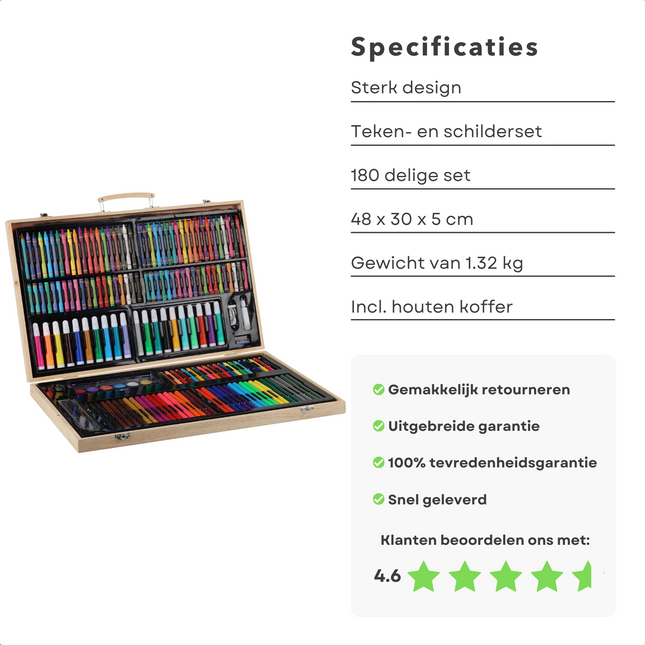 Cheqo® 180-delige Tekenset - Schilderset in Houten Koffer - Hobbyset - Tekenkoffer - Verfset - Schilderset - Tekendoos met Kleurpotloden en Waskrijt – Tekenkoffer – Tekenset Schilderpakket