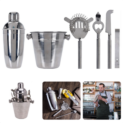 Cheqo® 6-delige Cocktail Set - Cocktail Shaker Set - RVS - Shaker, Ijsemmer, Strainer/Zeef, Opener, Mes & Ijstang - Shakerset - Cocktails Maken Cocktailset